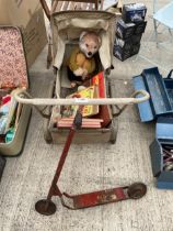 A VINTAGE DOLLS PRAM, AN ASSORTMENT OF CHILDRENS BOOKS AND A TEDDY ETC