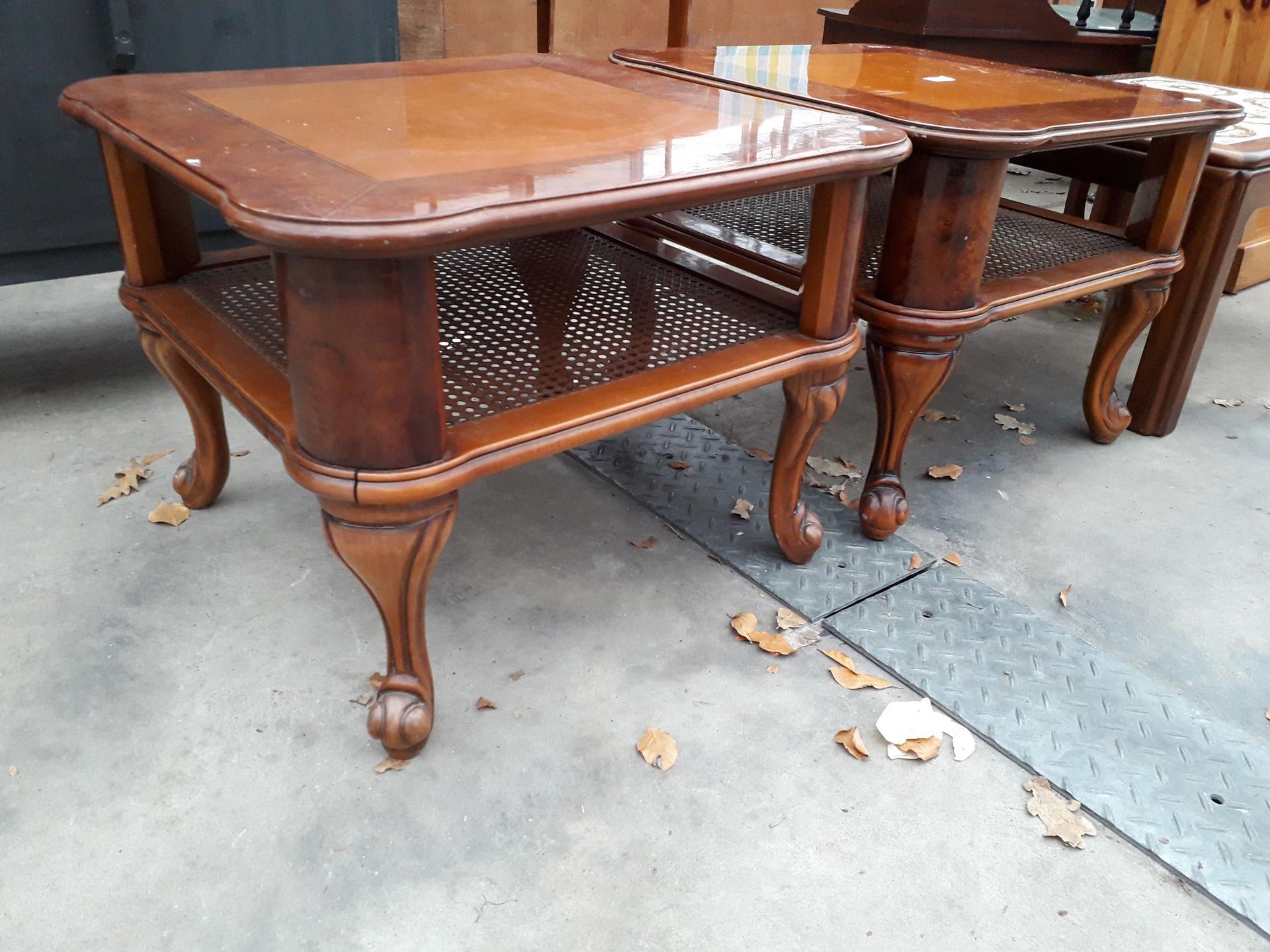 A PAIR OF BURR WALNUT LAMP TABLES WITH CANE MAGAZINE SHELF - Image 2 of 5