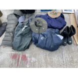 AN ASSORTMENT OF WATERPROOF CLOTHING AND BOOTS ETC