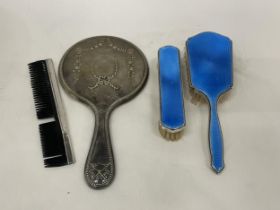 FOUR SILVER ITEMS TO INCLUDE TWO BLUE ENAMELED BRUSHES HALLMARKED BIRMINGHAM, A MIRROR ALSO