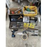 AN ASSORTMENT OF TOOLS AND HARDWARE TO INCLUDE SAWS, A HAMMER AND SCREWS ETC