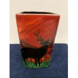 AN ANITA HARRIS HAND PAINTED AND SIGNED IN GOLD SQUARE VASE WITH STAG DECORATION