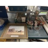 A MIXED LOT TO INCLUDE DOMED CLOCK, HORSE PRINT, BASSETS TIN, BADGES ETC