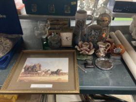 A MIXED LOT TO INCLUDE DOMED CLOCK, HORSE PRINT, BASSETS TIN, BADGES ETC