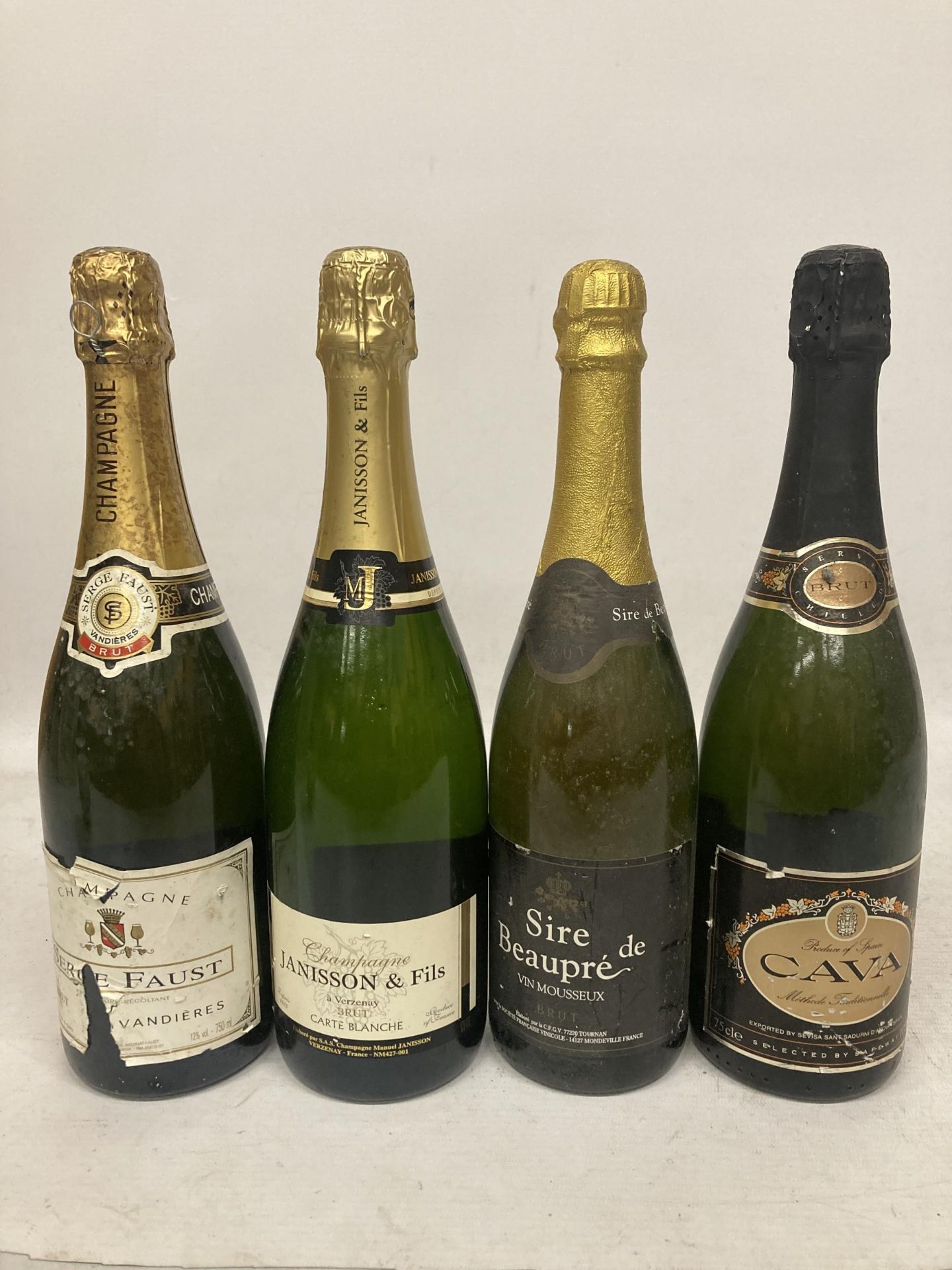 FOUR 75CL BOTTLES - SIRE DE BEAUPRE BRUT, JANISSON & FILS CHAMPAGNE, CAVA AND CHAMPAGNE