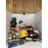 A MIXED LOT OF TOYS TO INCLUDE MEERKATS, FIREMAN SAM HELMET, JIGSAW, ETC.,