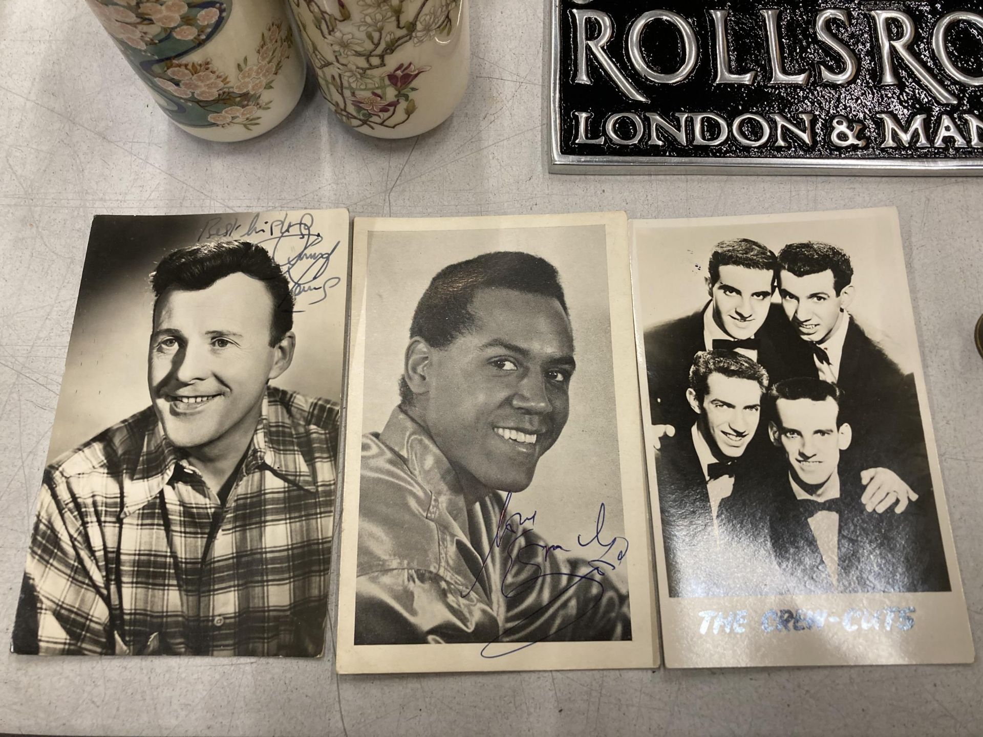 A SIGNED JIMMY YOUNG PHOTOGRAPH, SIGNED EMILE FORD POSTCARD AND A CREW CUTS POSTCARD