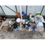 A LARGE ASSORTMENT OF HARDWARE TO INCLUDE EXTENSION LEADS, TAPE MEASURES AND LIGHTS ETC