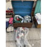 A VINTAGE METAL TRAVEL TRUNK CONTAINING AN ASSORTMENT OF CHRISTMAS DECORATIONS
