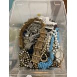 A BOX OF ASSORTED COSTUME JEWELLERY, NECKLACES ETC