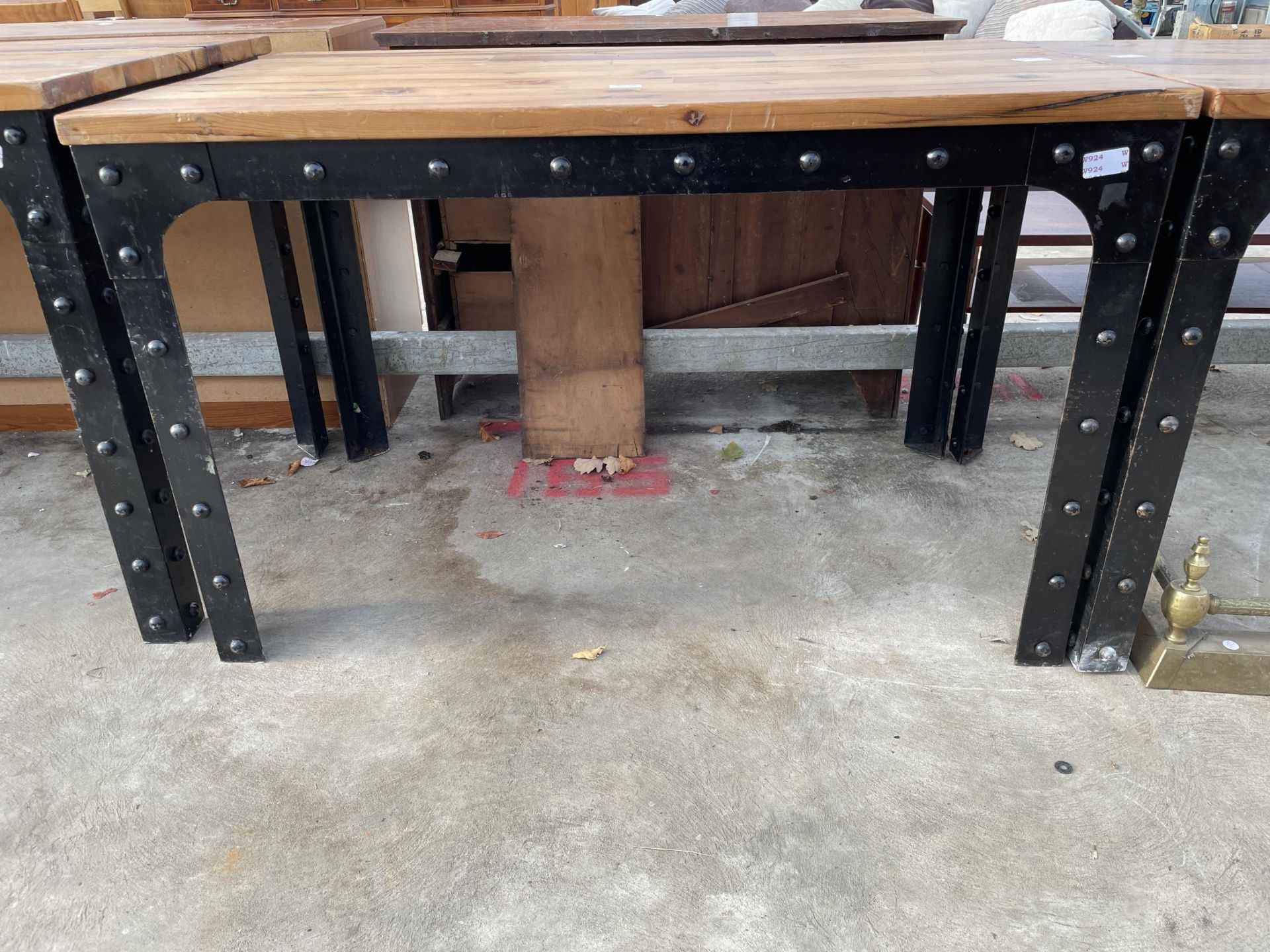 AN INDUSTRIAL STYLE TABLE ON CST METAL AND STUDDED LEGS AND FRAME, WITH WOODBLOCK TOP, 47 X 28" - Image 2 of 2