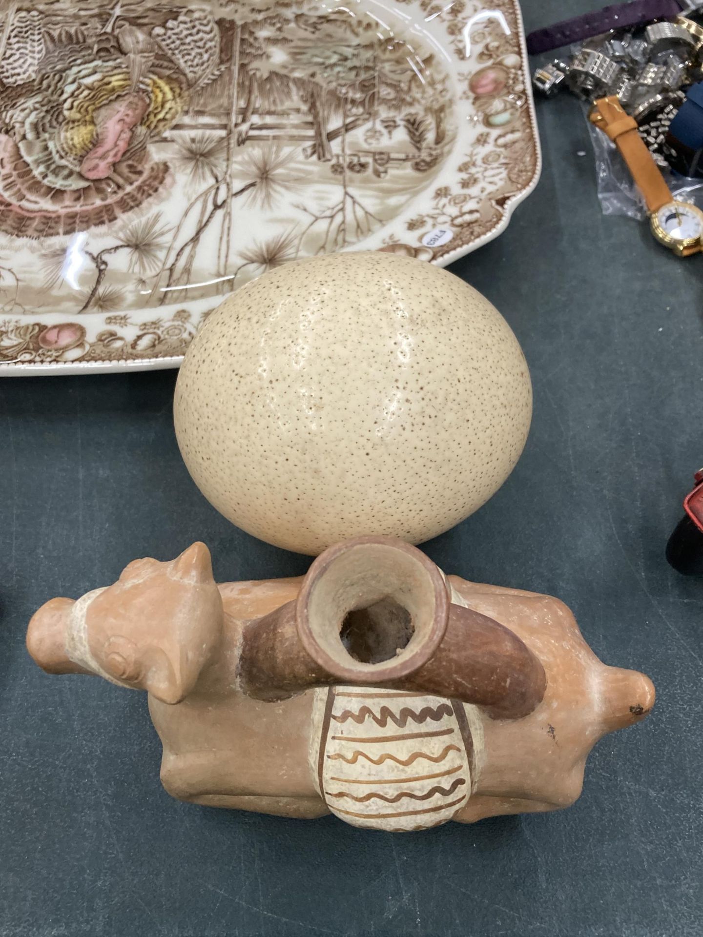 TWO ITEMS - TERRACOTTA HORSE JUG AND AN OSTRICH EGG - Image 3 of 3