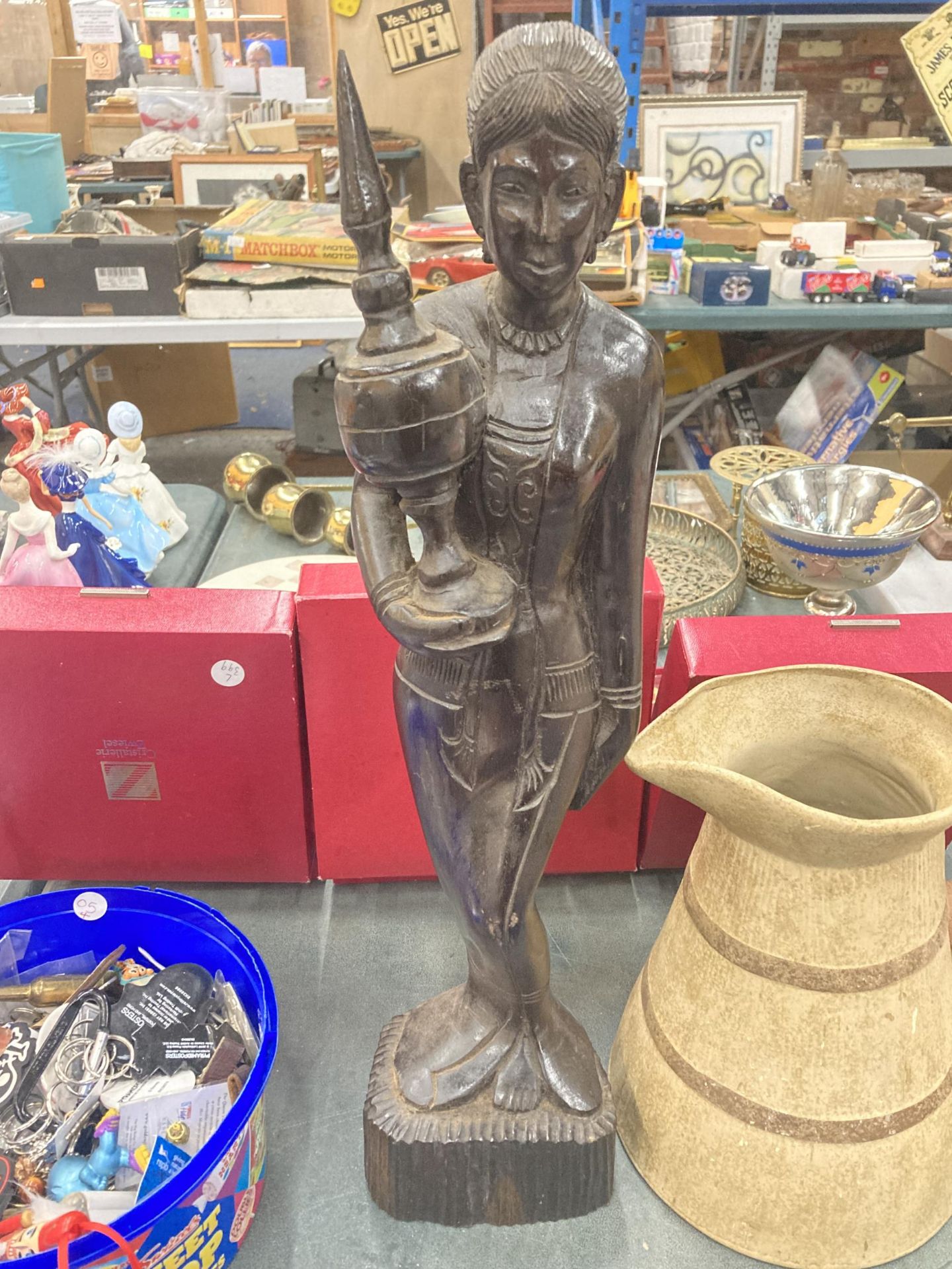 TWO ITEMS - CARVED WOODEN TRIBAL FIGURE AND A DEE CEE JUG - Image 2 of 5