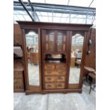 A VICTORIAN WALNUT WARDROBE WITH TWO MIRROR DOORS, TWO SHORT, THREE LONG DRAWERS AND GLAZED TWO DOOR