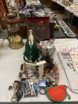 A MIXED LOT OF COLLECTABLES, SODA SYPHON, CORKSCREWS M ICE BUCKET ETC