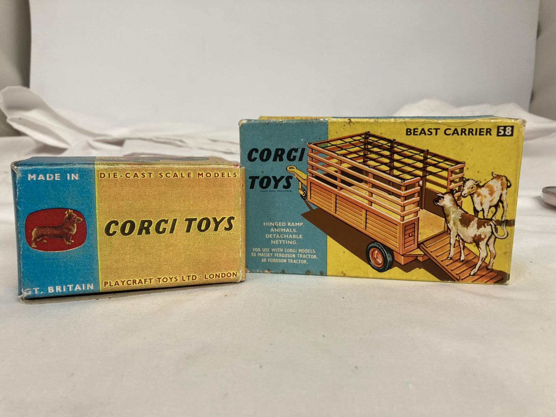 TWO BOXED CORGI MODELS NO. 58 - BEAST CARRIER WITH ANIMALS AND NO. 50 - A MASSEY FERGUSON 65 TRACTOR