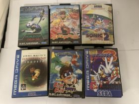 SIX BOXED SEGA GAMES TO INCLUDE SONIC THE HEDGEHOG 2, SONIC 3, CHICK CHIKI BOYS, ETC.,