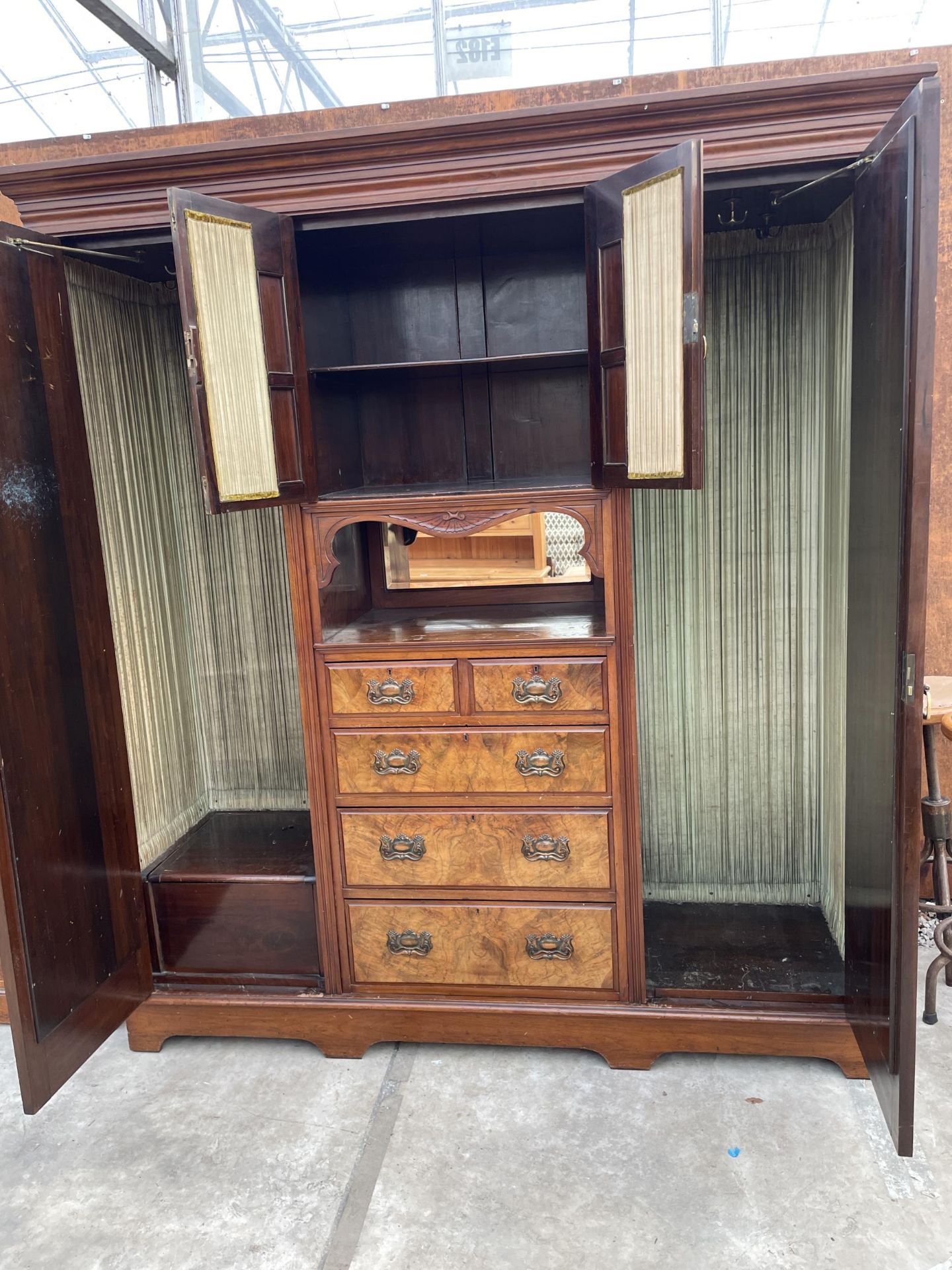 A VICTORIAN WALNUT WARDROBE WITH TWO MIRROR DOORS, TWO SHORT, THREE LONG DRAWERS AND GLAZED TWO DOOR - Image 5 of 6