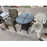 A ROUND GLASS TOPPED BISTRO TABLE, A CAST ALLOY BISTRO CHAIR AND TWO RATTAN GARDEN CHAIRS