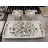 THREE MINTONS HADDON HALL PATTERN ITEMS - PAIR OF CANDLESTICKS AND TRAY