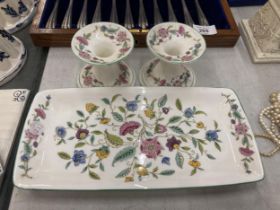 THREE MINTONS HADDON HALL PATTERN ITEMS - PAIR OF CANDLESTICKS AND TRAY