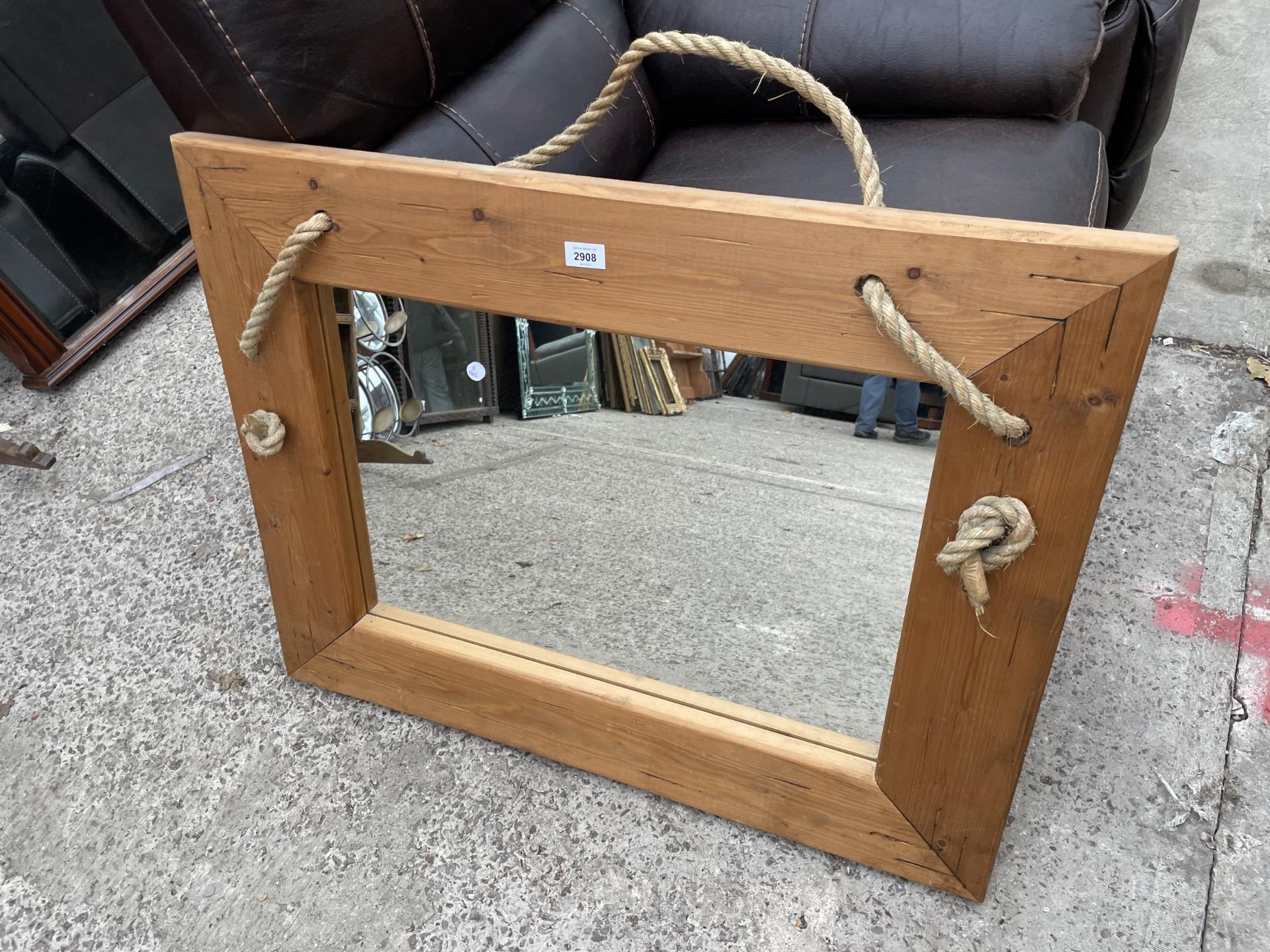A MODERN PINE AND ROPE WALL MIRROR, 36 X 28"
