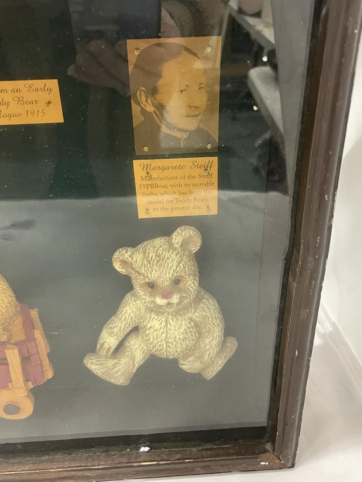 A GLASS FRONTED WOODEN CASED DISPLAY BOX WITH TEDDIES AND THEIR STORIES - A HISTORY OF THE STEIFF - Image 4 of 4