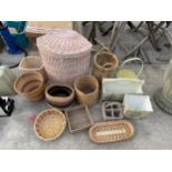 A LARGE ASSORTMENT OF WICKER BASKETS TO ALSO INCLUDE A WOODEN MAGAZINE RACK AND WADSTE PAPER BIN ETC