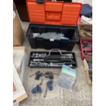 A TOOL BOX CONBTAINING AN ASSORTMENT OF TOOLS TO INCLUDE SOCKETS AND SASH CLAMP BRACKETS ETC