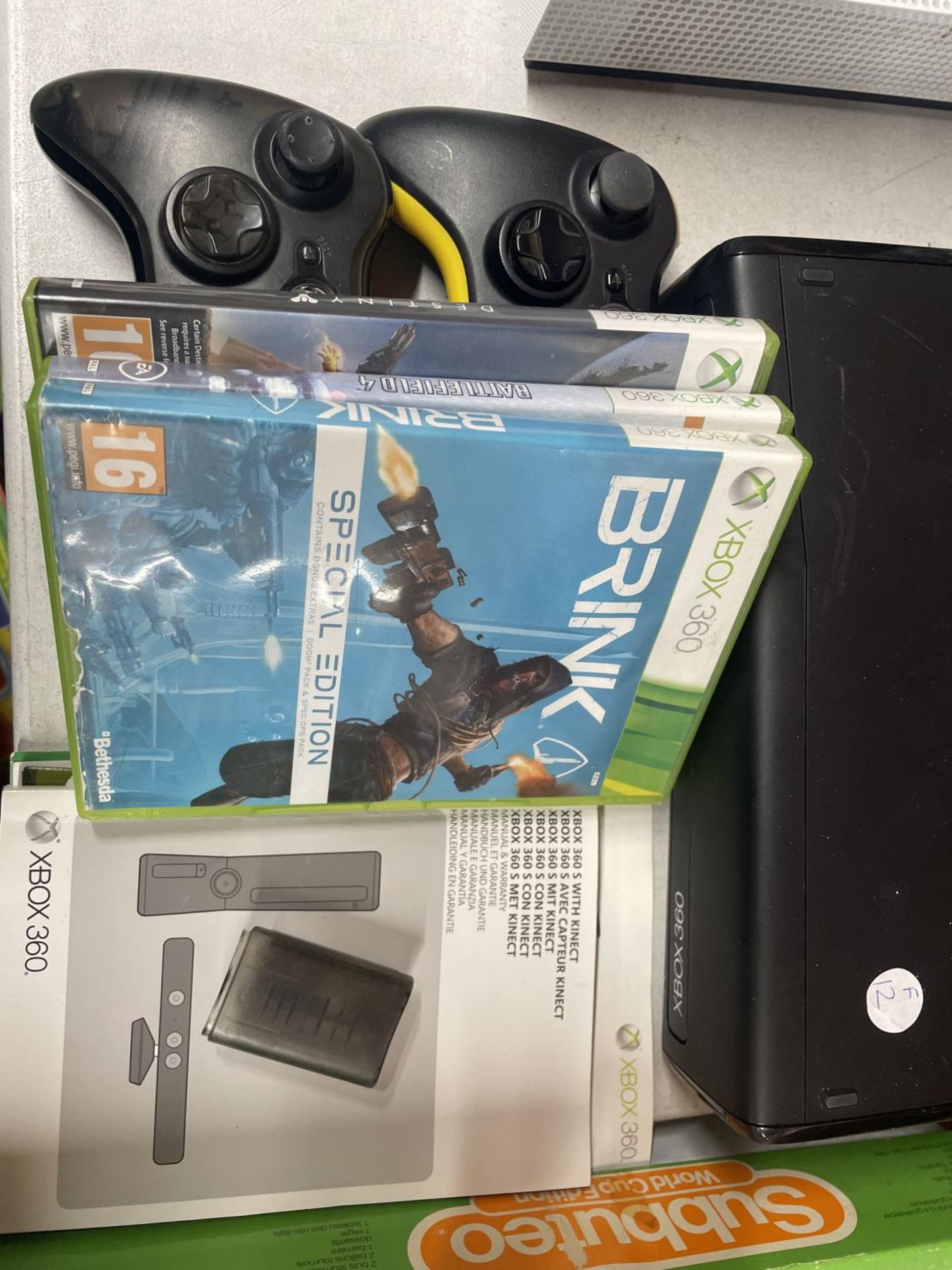 AN X-BOX 360 GAMES CONSOLE WITH TWO CONTROLLERS , WIRES AND 3 GAMES, BRINK, DESTINY AND - Image 2 of 4