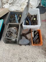 AN ASSORTMENT OF TOOLS TO INCLKUDE DRILL BITS, COBBLERS LASTS AND DOOR LOCKS ETC