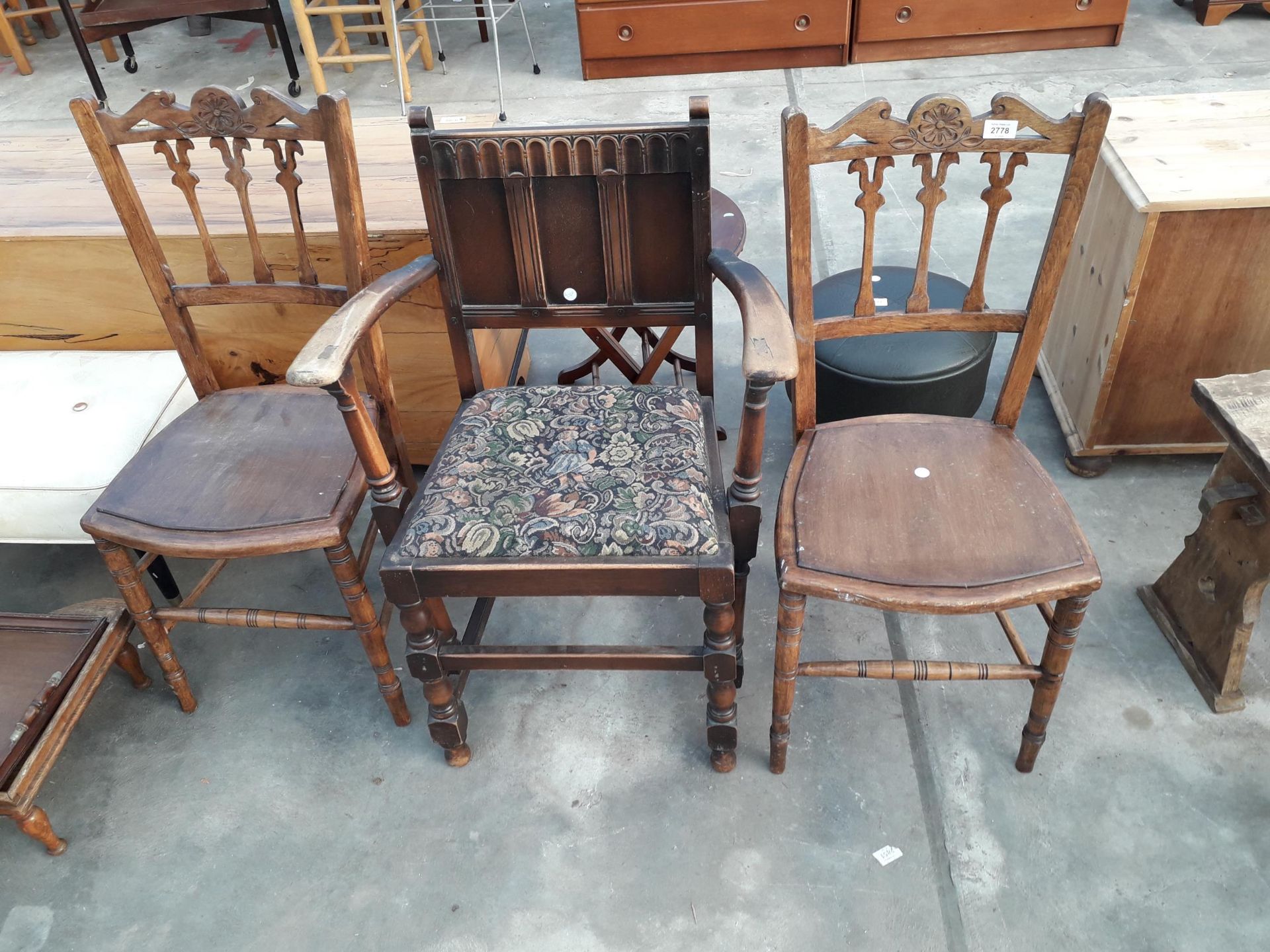 AN ERCOL BLUE LABEL ELBOW CHAIR AND PAIR OF BEDROOM CHAIRS