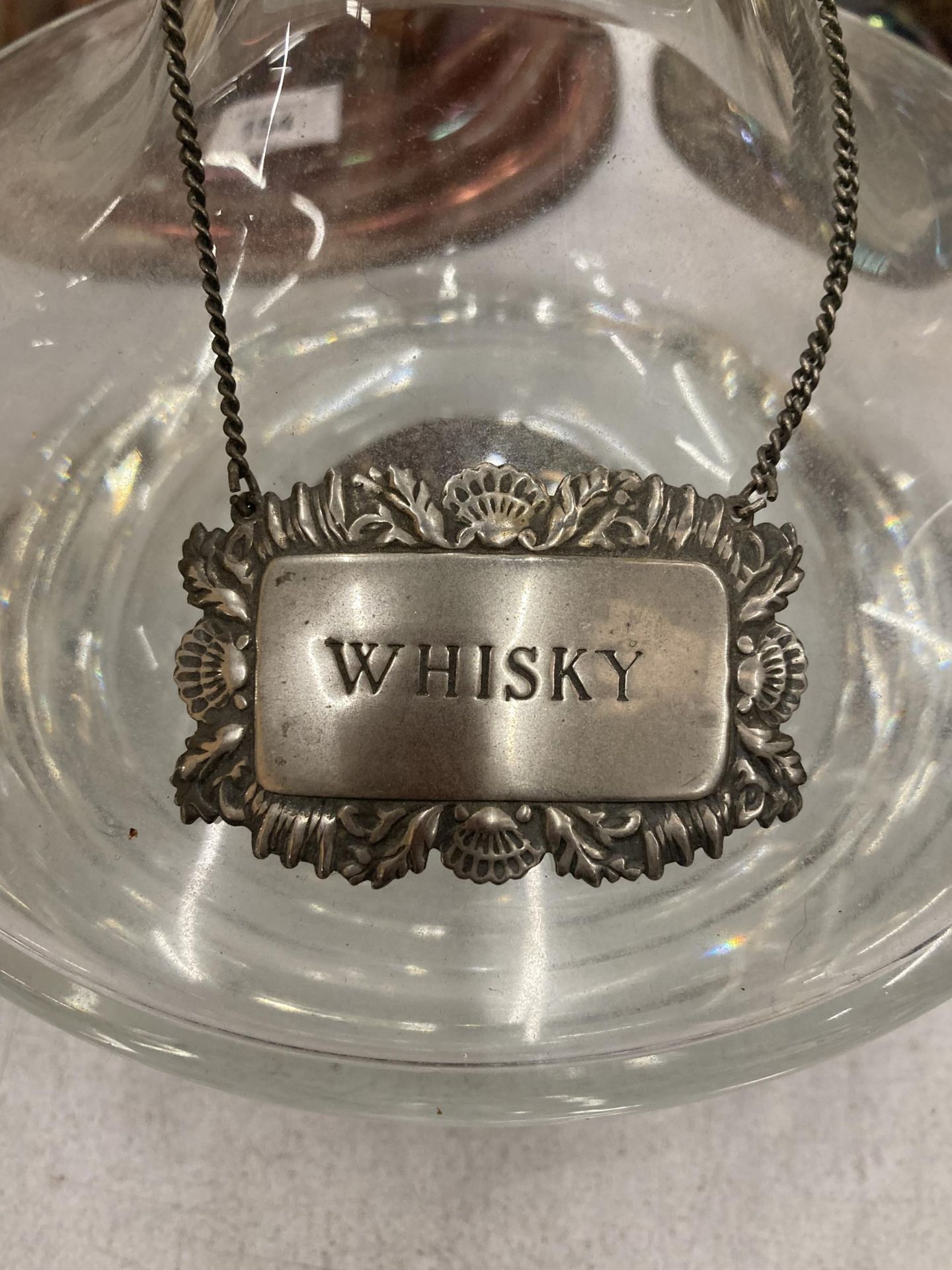 A GLASS DECANTER WITH SILVER PLATED WHISKY DECANTER LABEL - Image 2 of 2