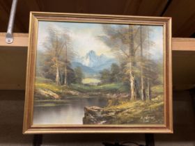 AN R THOMAS SIGNED OIL ON BOARD OF A RIVER SCENE