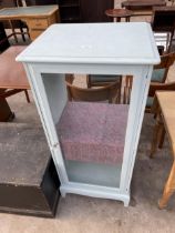 A PALE BLUE PAINTED GLASS FRONTED CABINET