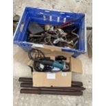 AN ASSORTMENT OF TOOLS TO INCLUDE A MAKITA ANGLE GRINDER, A BRACE DRILL AND SPANNERS ETC