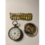 THREE ITEMS TO INCLUDE A POCKET WATCH (A/F), AN ASIAN COIN AND A BRACELET