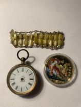 THREE ITEMS TO INCLUDE A POCKET WATCH (A/F), AN ASIAN COIN AND A BRACELET