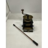 AN A.KENDRICK & SONS PATENT COFFEE MILL WITH A BRASS BOWL STYLE TOP AND A TURNING HANDLE. THERE IS A