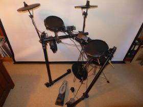 AN ALESIS TURBO DRUM MODULE MACHINE, WITH TWO FOOT PEDALS, STOOLS ETC, COST NEW £325