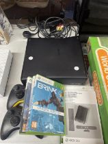AN X-BOX 360 GAMES CONSOLE WITH TWO CONTROLLERS , WIRES AND 3 GAMES, BRINK, DESTINY AND