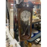 A COMITTI, LONDON CHIMING WALL CLOCK IN INLAID WOODEN CASE, WITH PENDULUM AND KEY