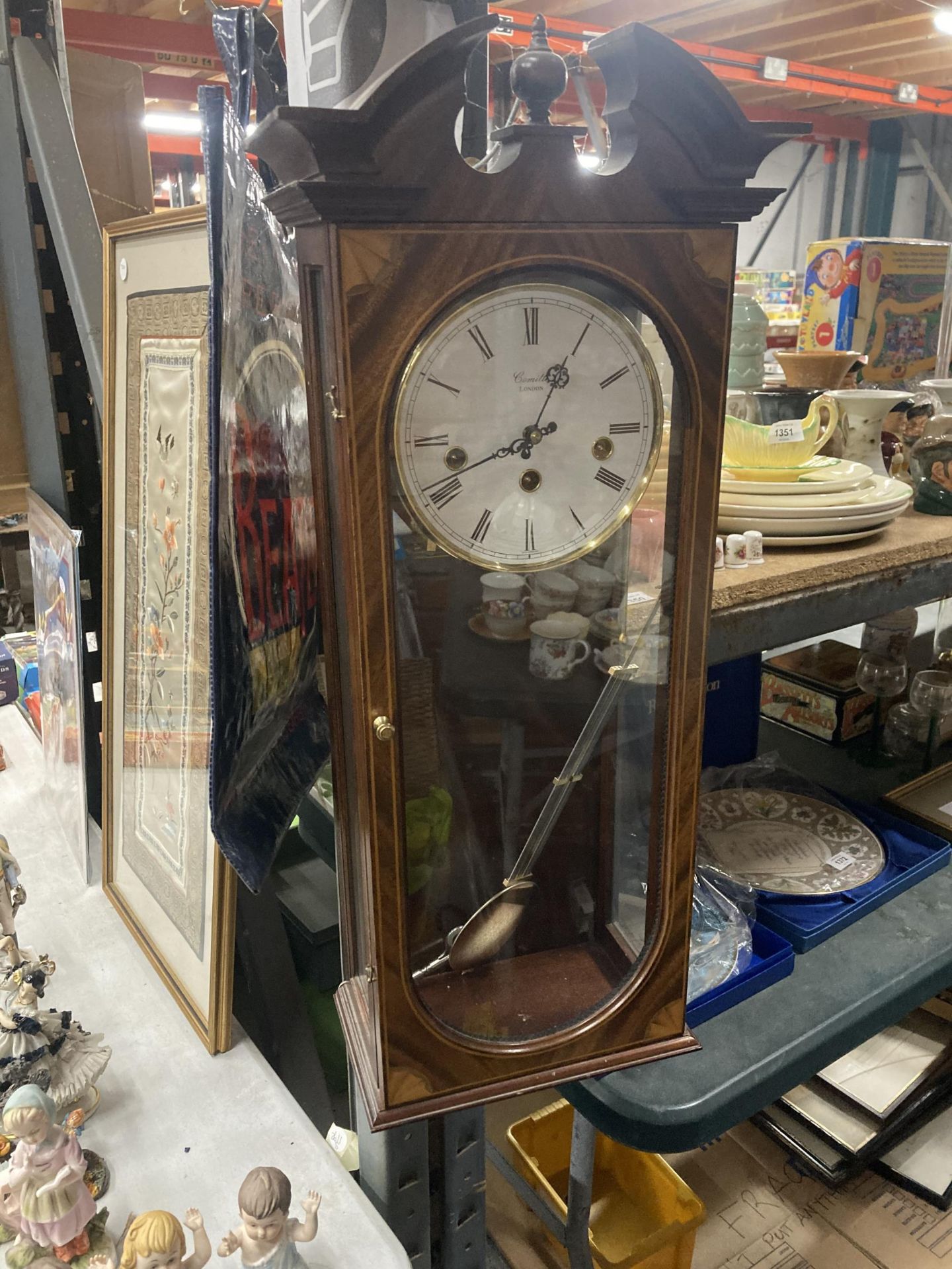 A COMITTI, LONDON CHIMING WALL CLOCK IN INLAID WOODEN CASE, WITH PENDULUM AND KEY