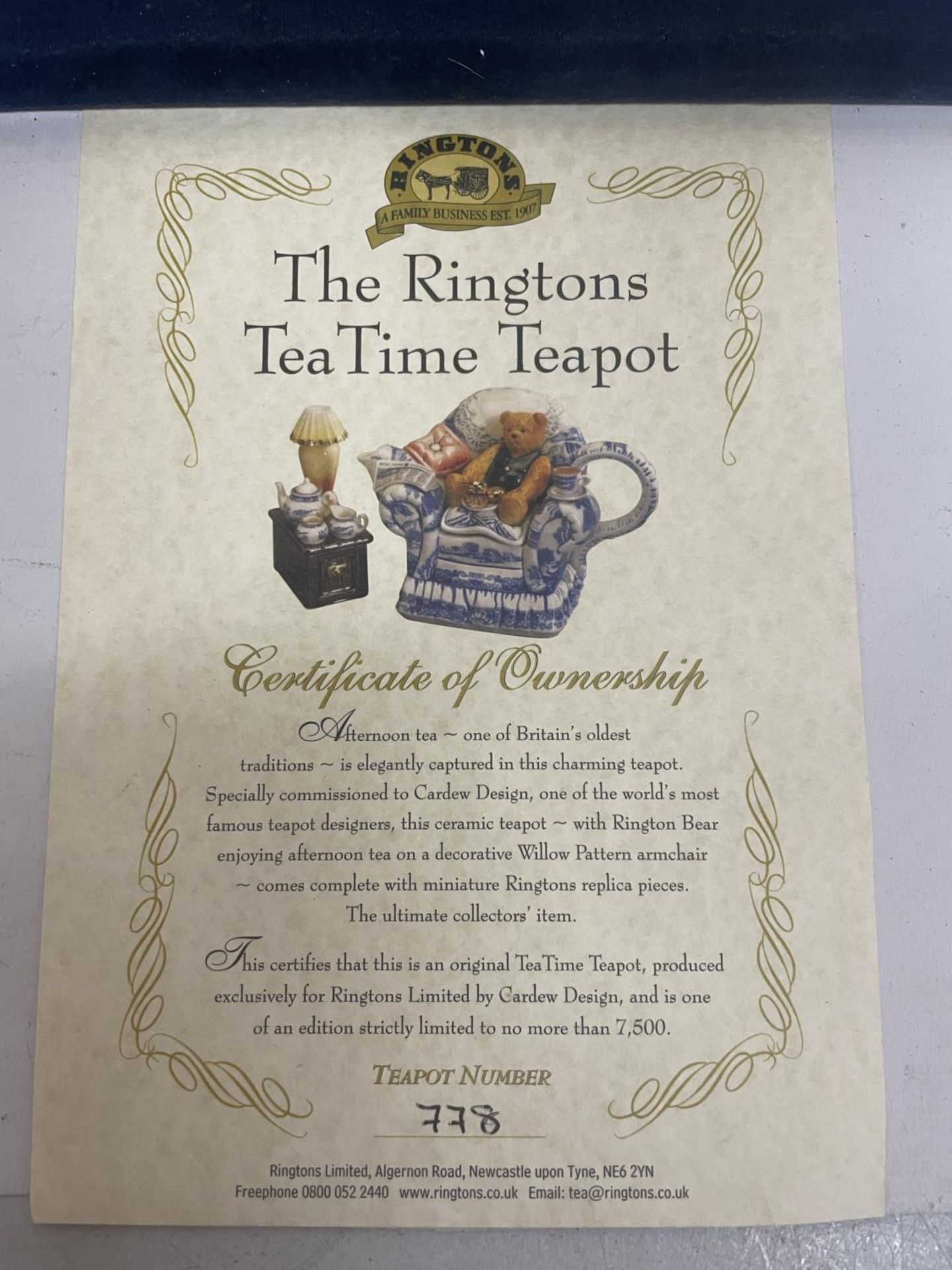 A RINGTONS TEA TIME TEAPOT WITH COA NUMBER 778 - Image 4 of 4