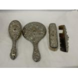 A HALLMARKED BIRMINGHAM SILVER BACKED SET OF TWO BRUSHES, A MIRROR AND COMB