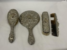 A HALLMARKED BIRMINGHAM SILVER BACKED SET OF TWO BRUSHES, A MIRROR AND COMB
