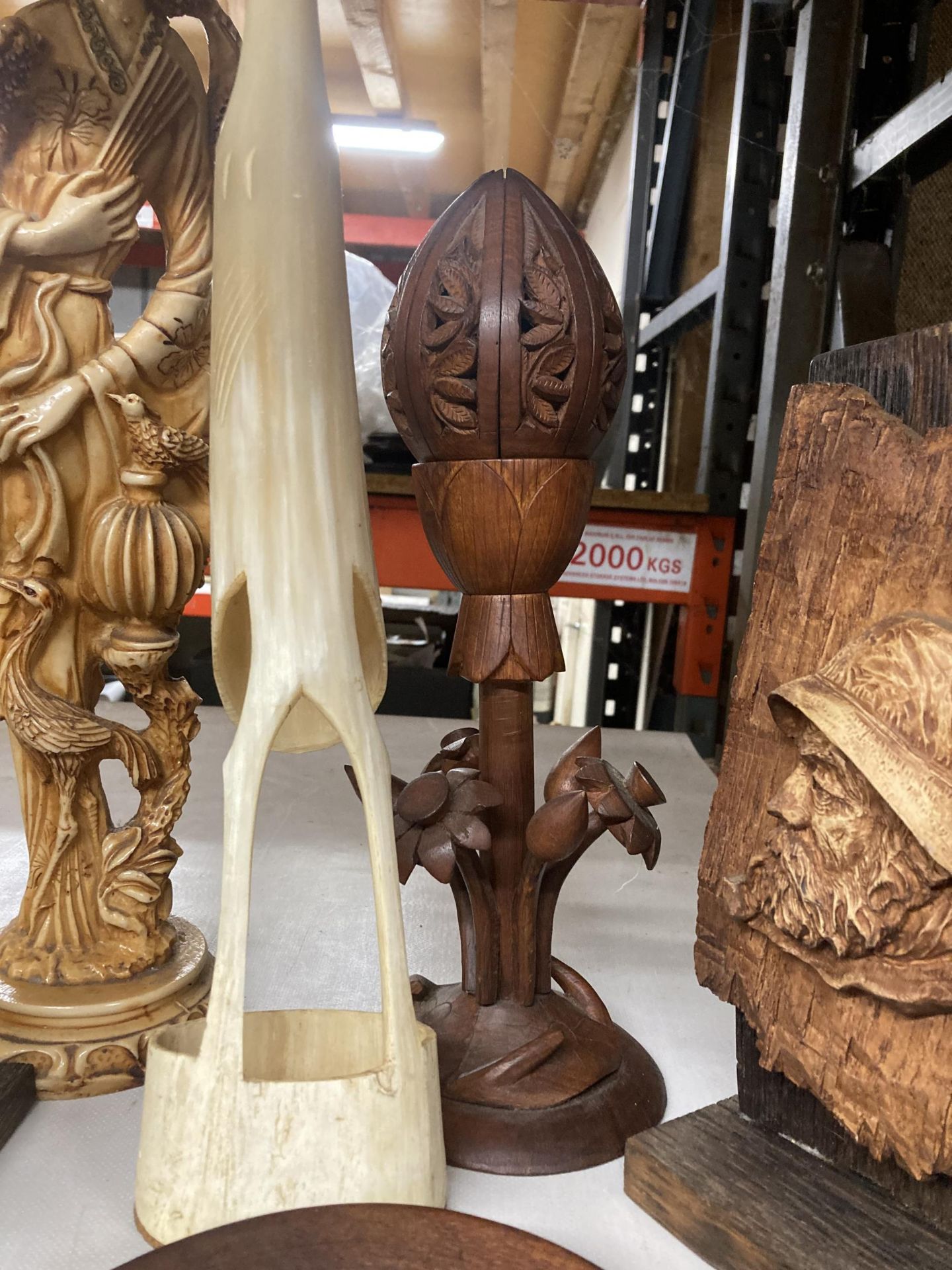 A WOODEN CARVED PLAQUE OF A FISHERMAN ON A STAND, WOODEN LOTUS LAMP, A LARGE HORN BIRD, AN - Image 6 of 9