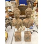 A PAIR OF DECORATIVE STONE BUDDHA HEAD AND TORSO STATUES, HEIGHT 39CM