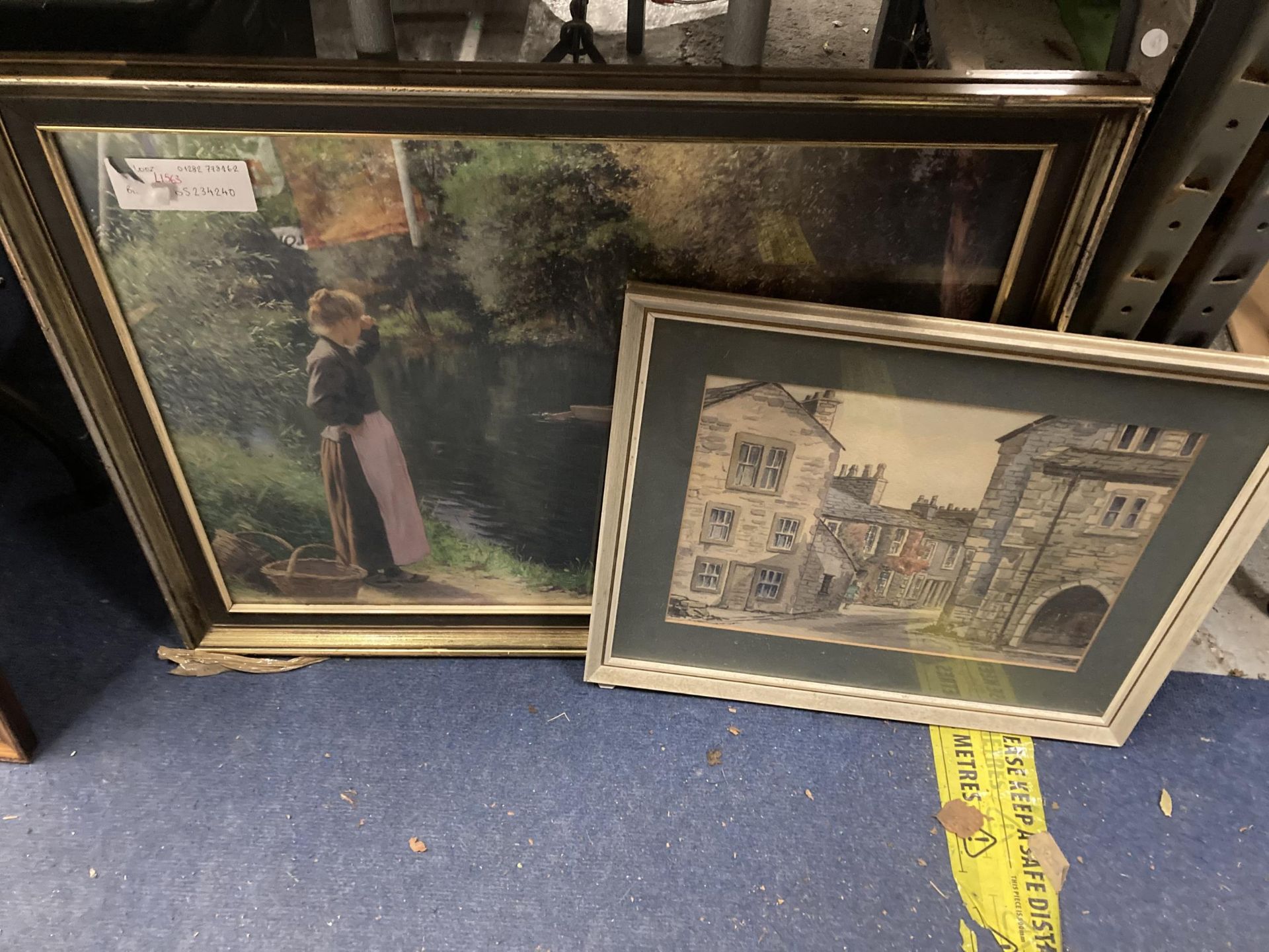 TWO FRAMED PRINTS INCLUDING A TOWN SCENE AND BOAT SCENE