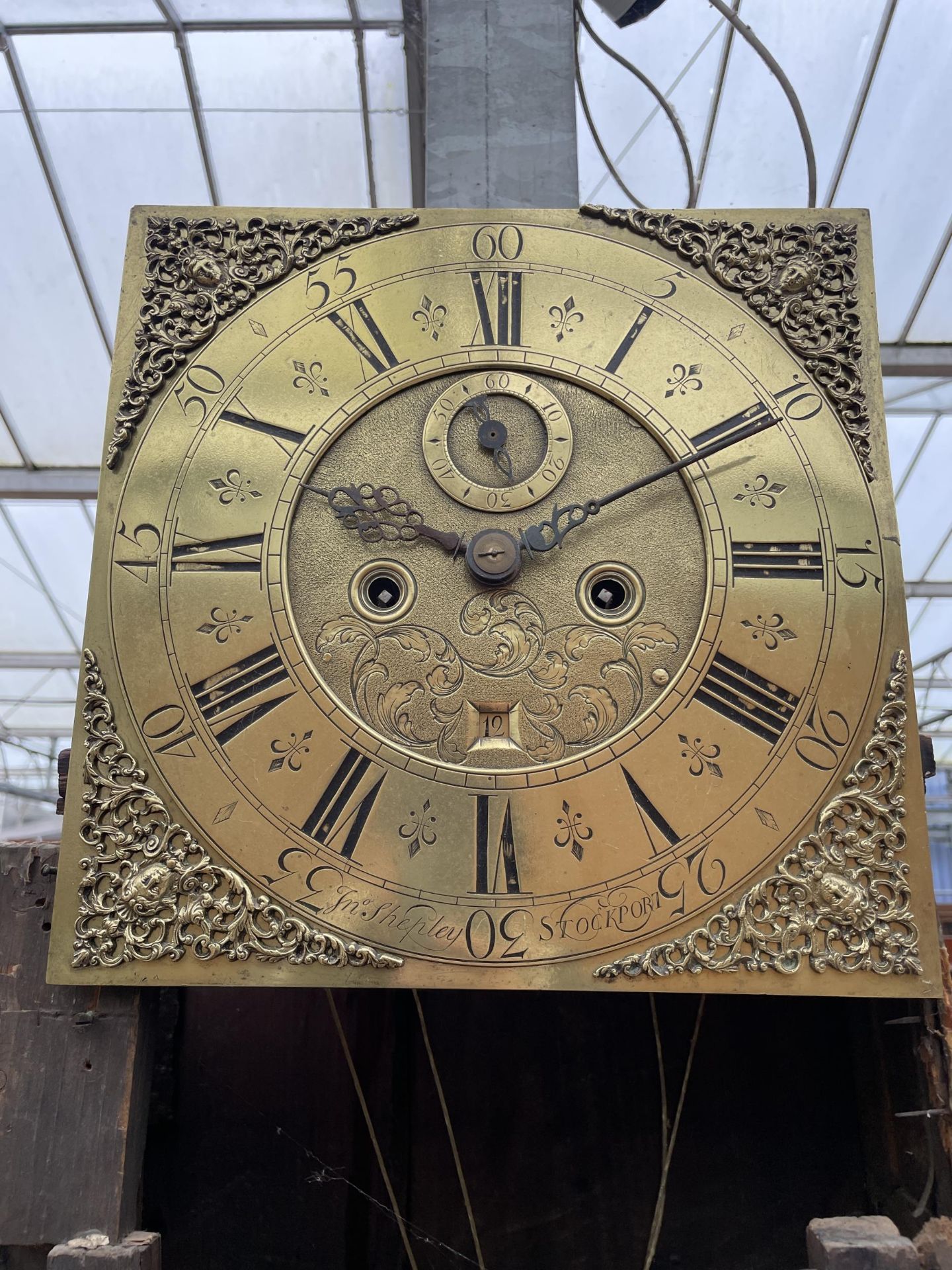 AN 18TH CENTURY OAK AND CROSSBANDED EIGHT-DAY LONGCASE CLOCK WITH SQUARE BRASS FACE, SHEPLEY, - Image 2 of 7